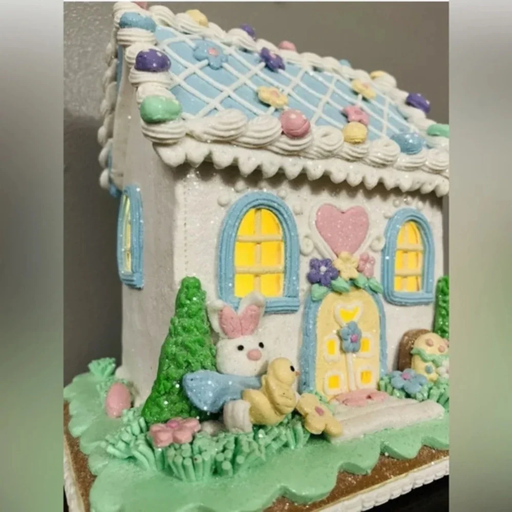Easter Gingerbread Cookie House LED Light-Up Tabletop Decor Pastel NWT